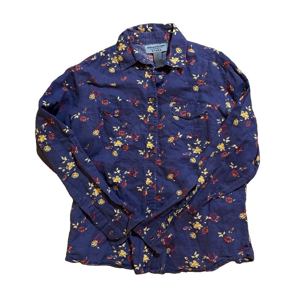 Vintage Wrangler Blues Shirt M Blue Western Floral Snap Closure Retro